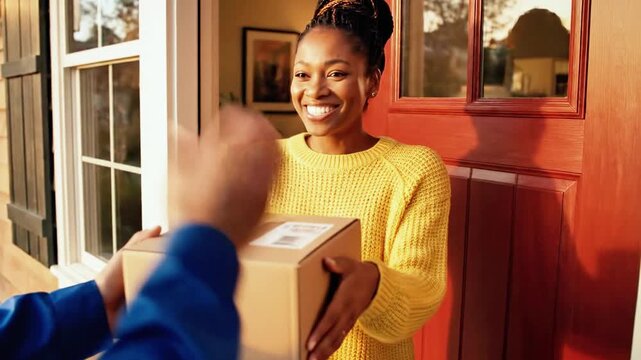 A woman answers the door to receive a package. The recipient is overjoyed