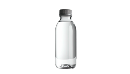 Clear bottle of water, grey cap, centered against black back