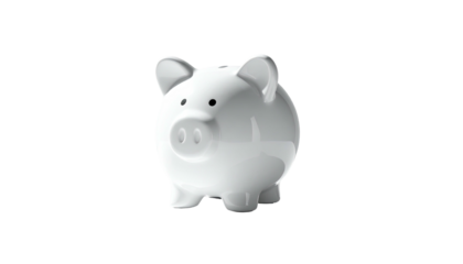 Glossy white piggy bank isolated on a stark black background
