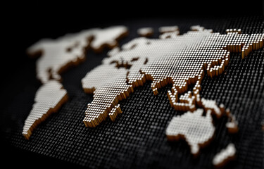 Digital world map made of binary code, metallic dots, abstract global technology, futuristic data visualization, modern network concept