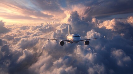 Airplane flying through vibrant clouds during sunset over the horizon creating a stunning view of colors and patterns in the sky