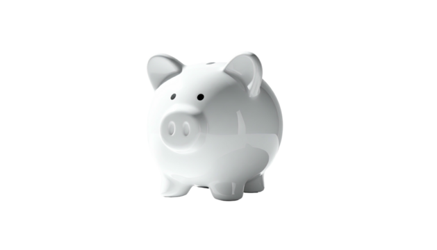 Glossy white piggy bank isolated on a stark black background