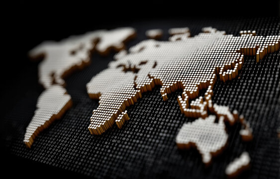 Digital world map made of binary code, metallic dots, abstract global technology, futuristic data visualization, modern network concept