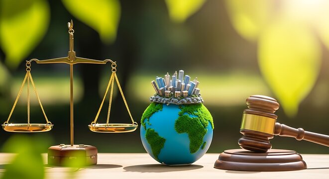 Scales of justice, gavel, and globe symbolizing environmental law and social justice - Powered by Adobe