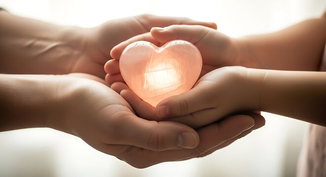 Two pairs of hands, one adult and one child, gently hold a glowing heart, symbolizing care and protection - Powered by Adobe