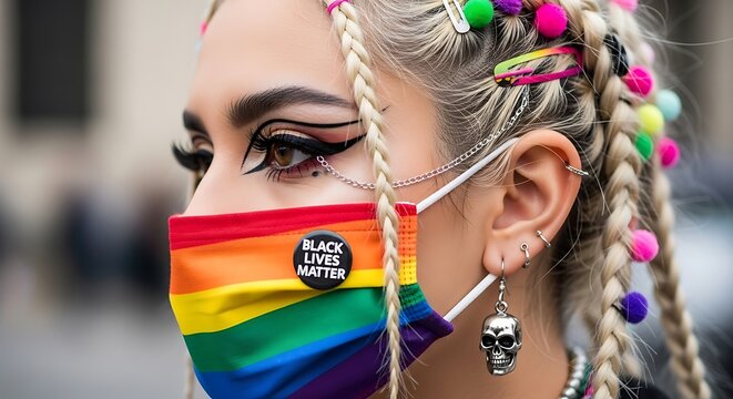 Young person with rainbow face mask and elaborate eye makeup, advocating for social justice and equality
