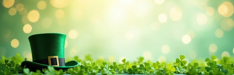 Green leprechaun hat rests among clover leaves with bokeh lights background. Holiday greeting for St Patricks Day celebration event. Irish luck symbol.