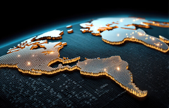 Digital world map glowing with binary code, futuristic technology, global network, data visualization, innovation, cyber concept - Powered by Adobe
