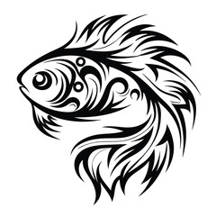 Ornamental black fish figure displays an elaborate, flowing caudal fin on a white backdrop