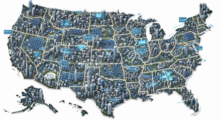 Detailed Illustration of the United States Cities, Structures, and Geographical Features