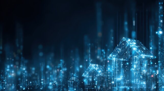 Digital representation of futuristic homes in a glowing cityscape showing advanced technology and connectivity