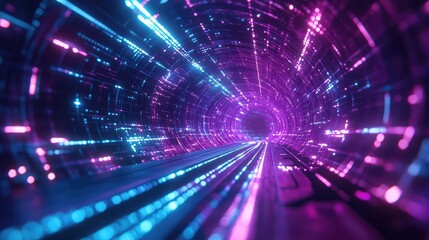 Digital data flowing inside an abstract light tunnel