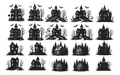 Spooky Haunted House Silhouettes Collection for Halloween, Best Haunted House Vector Illustrations for Halloween Spooky Haunted House Silhouette Set Download