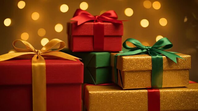 A stack of neatly arranged festive gift boxes with colorful ribbons slowly coming into focus in a cozy, warm setting with soft bokeh gift boxes, close up, macro