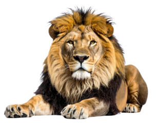 Majestic lion lying down isolated on white background, transparent PNG