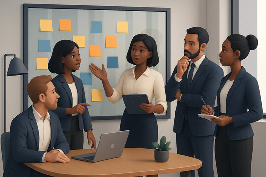 Team presenting ideas on glass board