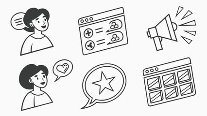 Doodle icons representing communication feedback marketing and social media
