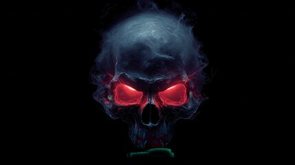 A glowing skull with red eyes appears from dark mist in a digital artwork, creating an eerie and captivating atmosphere during nighttime