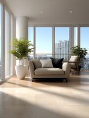 Modern apartment living room with large windows, beige armchair, potted plant, city view, and natural sunlight create calm atmosphere