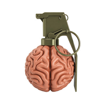 Creative concept of a grenade with a human brain as its body isolated on transparent background