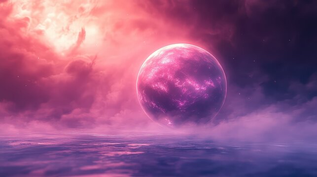 Fantasy planet rising above ethereal pink and purple clouds