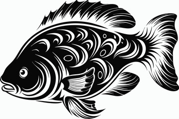 Ornamental carp flourishes with bold monochromatic tribal lines on its body, presenting a striking contrast