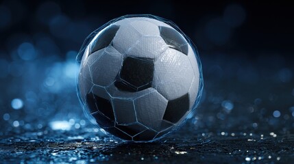 Fototapeta premium Soccer ball in glowing blue light resting on wet ground with water droplets in a close-up view