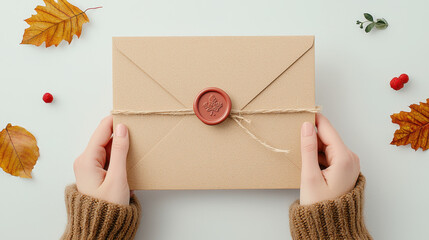 Delicate hands hold craft envelope, wax seal conveying autumn warmth and thoughtful gratitude
