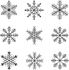 A grid of nine different stylized snowflake icons displayed in solid black line art