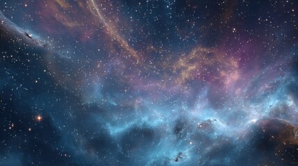 Naklejka premium Celestial scene shows vibrant colors and stars in a vast nebula against a dark cosmic background