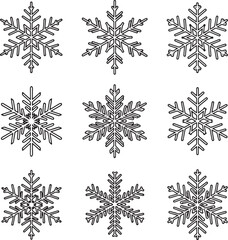 A grid of nine unique and intricate snowflake designs rendered as black and white outline illustrations.