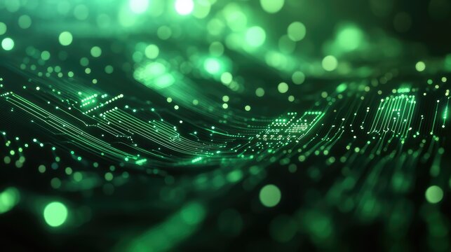 Digital circuit board with green glowing connections and bokeh