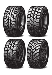 Collection of Four Engraved Automotive Tires Heavy-Duty Tire Tread Illustration Set Vintage Engraved Tire and Wheel Vector Collection Off-Road Tire Tread Clipart Bundle