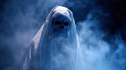 Mysterious figure in a white shroud surrounded by smoke creates an eerie atmosphere in a dimly lit space during a night of ghostly tales