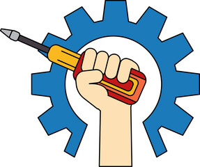 a hand  holding a screwdriver in front of a gear