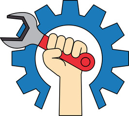 a hand  holding a wrench in front of a gear