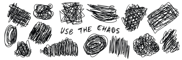 Chaotic hand-drawn black scribble line art elements set