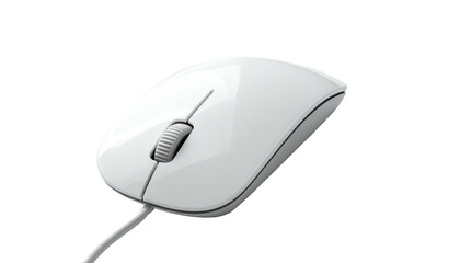Smooth, white wired computer mouse on dark backdrop