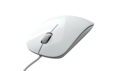 Smooth, white wired computer mouse on dark backdrop