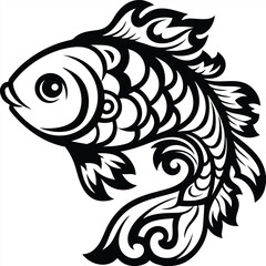 Ornate black and white goldfish design swims gracefully with flowing tail fins and detailed scales
