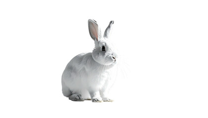 Fluffy, silver rabbit sits alone against stark, dark backdrop