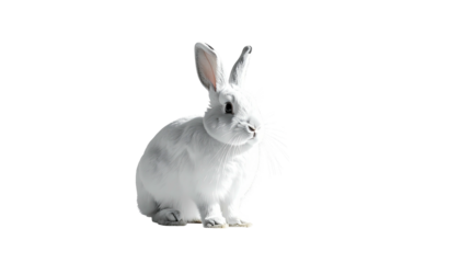 Fluffy, silver rabbit sits alone against stark, dark backdrop
