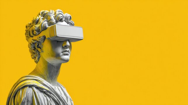 Modern technology meets classical art in a striking display of a statue wearing virtual reality goggles against a vibrant yellow background