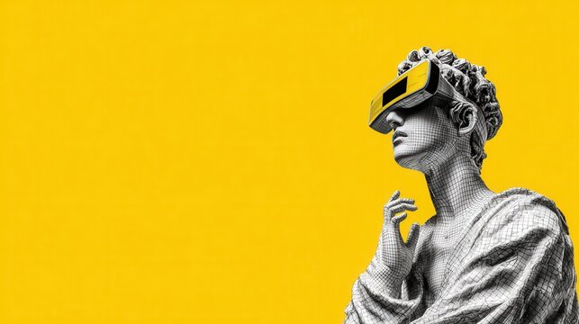 Futuristic statue wearing virtual reality headset in bright yellow background showcases the blend of art and technology - Powered by Adobe