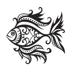 Ornate black fish displays stylized pattern, featuring decorative fins and a detailed body