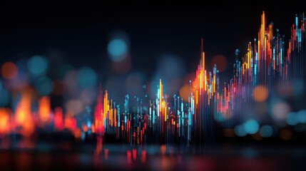 Financial data visualization shows vibrant stock market trends and movements in a digital format against a blurred urban background at night
