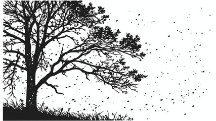 Silhouette of a large tree with falling leaves against a bright white background