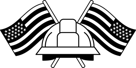 black and white illustration of hard hat is in front of two American flags