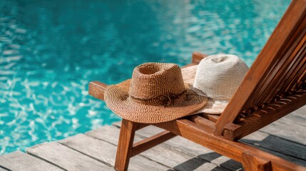 Two stylish hats resting on a wooden lounge chair by a sparkling blue pool on a sunny day, inviting relaxation and leisure