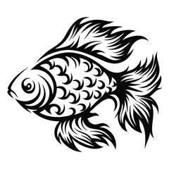 Ornate black silhouette presents a majestic fish with flowing fin and scale details